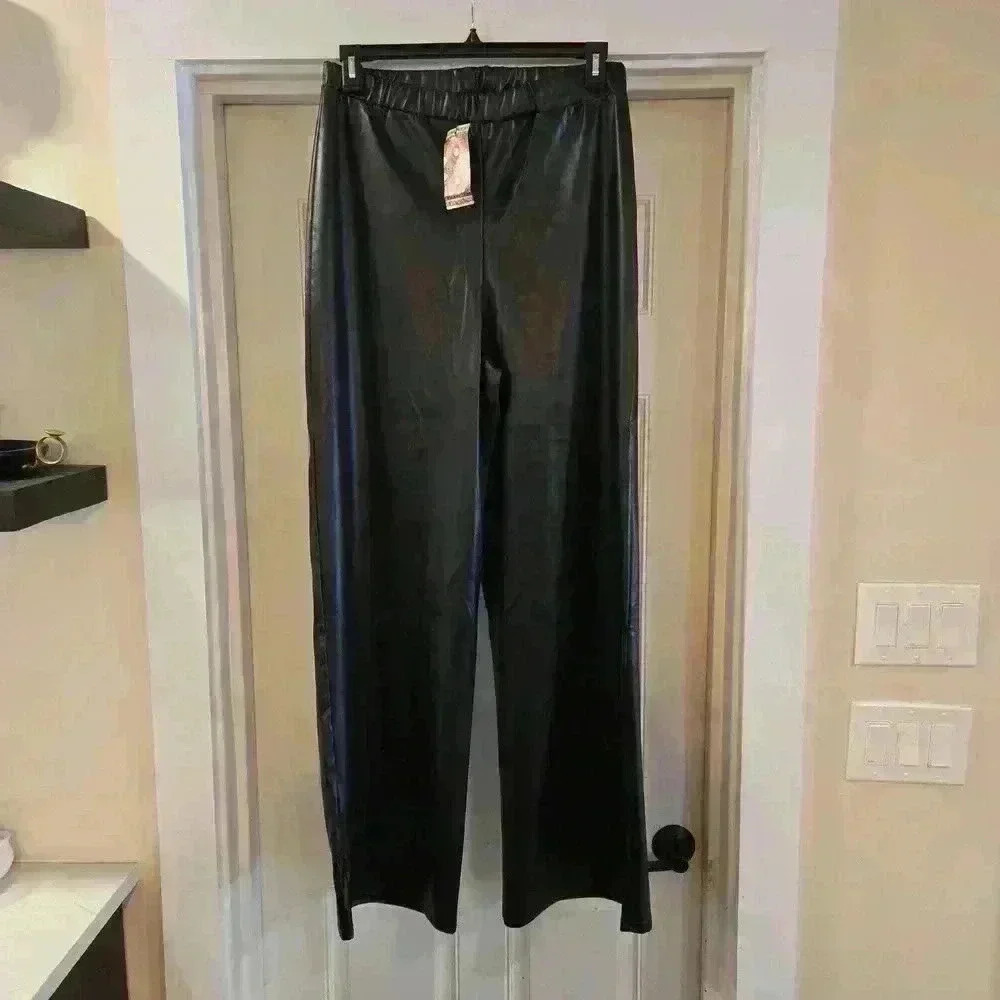 NWT Boohoo Womens Faux Leather Wide Leg Trouser Pant Black Size 12